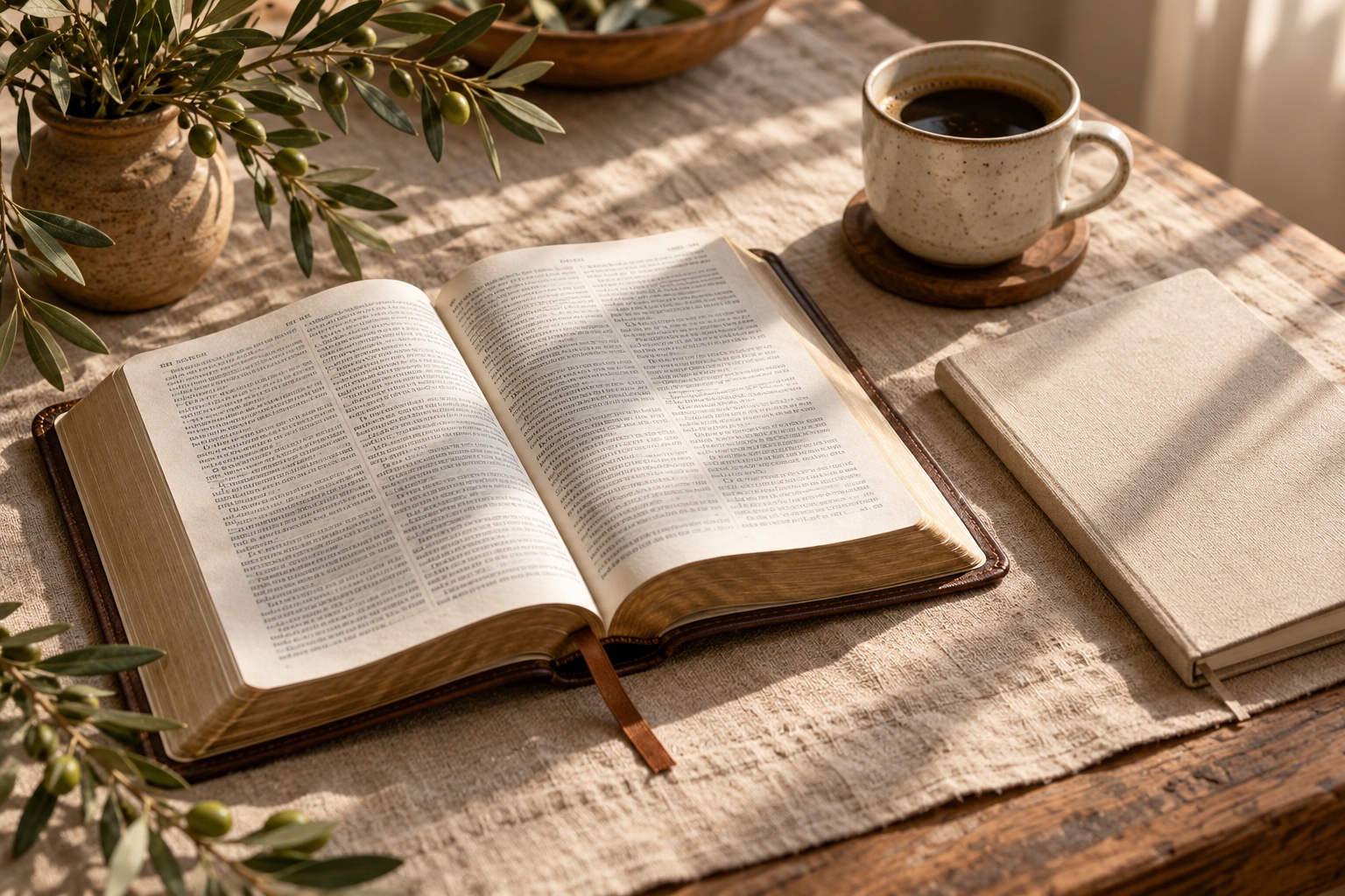 Escena editorial de lectura con un libro abierto, libreta y café bajo una luz cálida